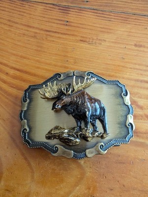 1978 Vintage Moose Deer Belt Buckle Raintree High Relief 3D Gold Tone