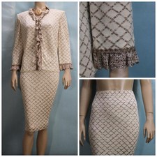 St. John Collection Brown White Jacket Skirt L 12 10 2pc Suit Ruffle Trim Argyle
