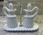 Vintage Fenton Hobnail Milk Glass Cruet Set w/ Tray & Stoppers- Nice!