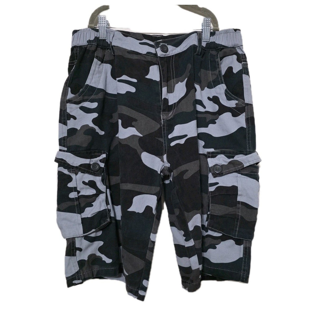 Y2K Camo Cargo Shorts Mens 32 Gray Retro Gorpcore Baggy Skater