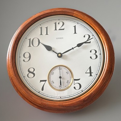 LINDEN OAK WALL CLOCK 12  DIAM 2nd HAND DIAL GLASS CRYSTAL LIBRARY OFFICE DEN!