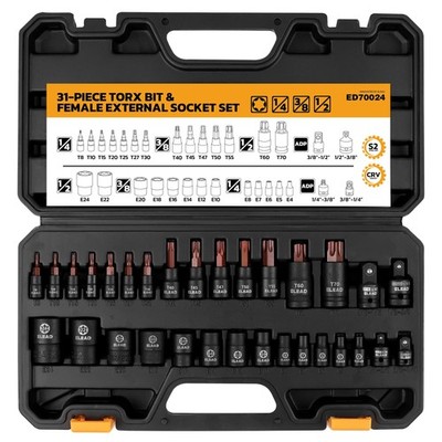 31piece Torx Bit Socket Set Premium Crv  S2 Alloy Steel Star T8t70  Etorx E4e