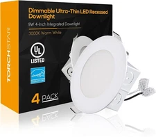 4 Pack 4 Inch Integrated LED Recessed Ceiling Light with Junction Box, Dimmable