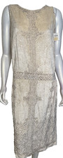 Antique 20s France Art Deco Champagne Beaded Velvet Dress S M Long Sleeveless