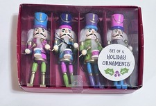 4 Wooden Nutcracker Ornaments Set 6  Glitter Christmas Pull String Dangle