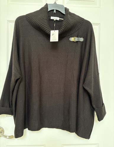 Calvin Klein Woman S/M Black Draped Cape LS Sweater with Leather Buckle NWT - Picture 4 of 6