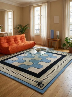 Hand Tufted Wool Area Rug Modern Blue Ivory Geometric Puzzle Pattern Luxury Carp