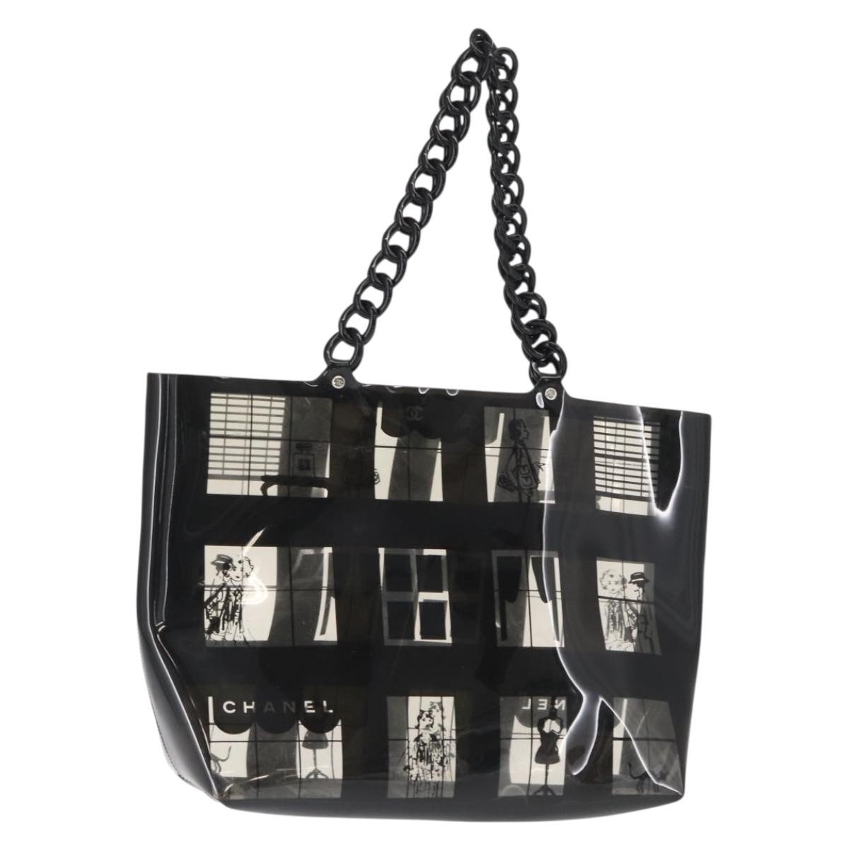 CHANEL トートバッグ ロゴ　ノベルティ　COCO グラフィティ Chanel Coco Window Tote Printed Vinyl Black Plastic Tote Bag | eBay