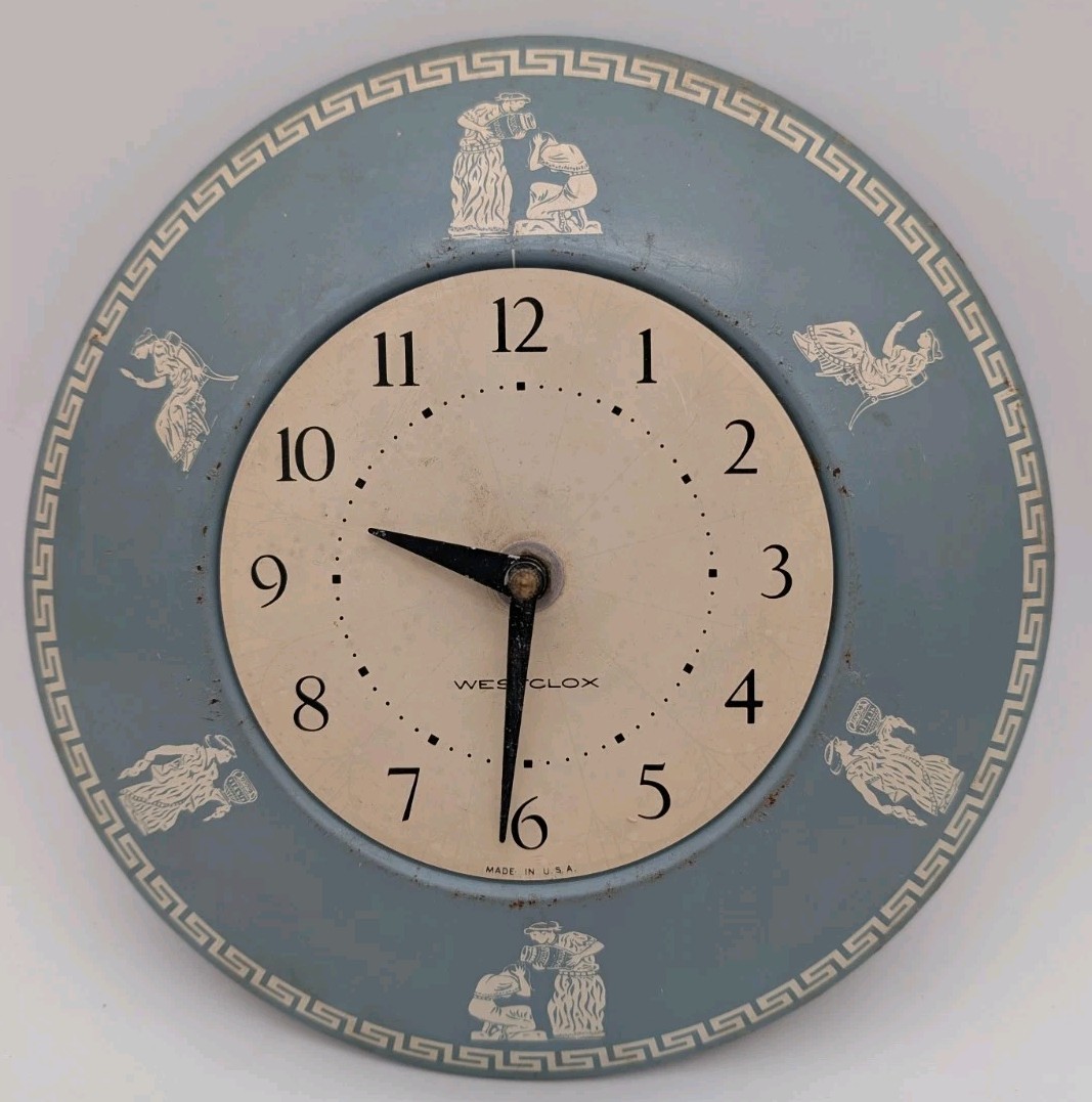 Vintage Westclox Metal Wall Clock Grecian Themed Baby Blue & White Retro