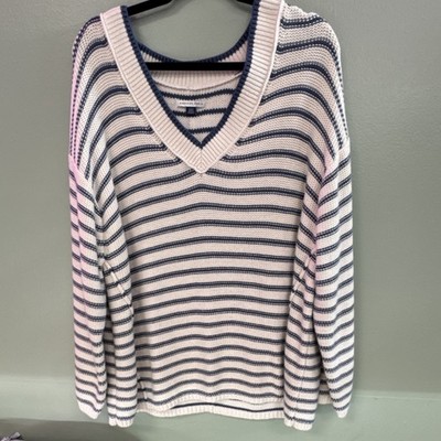 American Eagle Striped Knit Pullover Sweater White Blue V-Neck Women's M