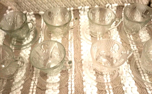 8 Sets Iris And herringbone Depression Glass Clear Cup/Saucers 16 Pieces