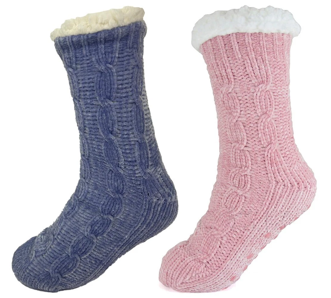 Ladies Sherpa Lined Slipper Socks Chenille Thermal Knitted Gripper Bed Socks
Opens in a new window o