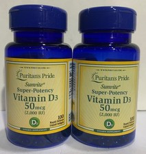 Puritan's Pride Vitamin D3 50 mcg 2000 IU 100 Softgels 2 Bottles