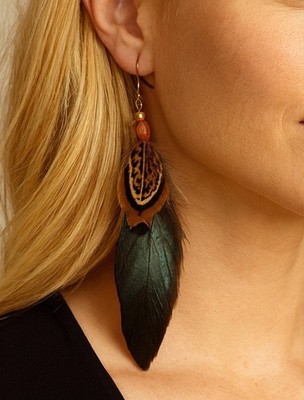 Feather Earrings Natural Bronze Black Hackle with Pheasant Topping