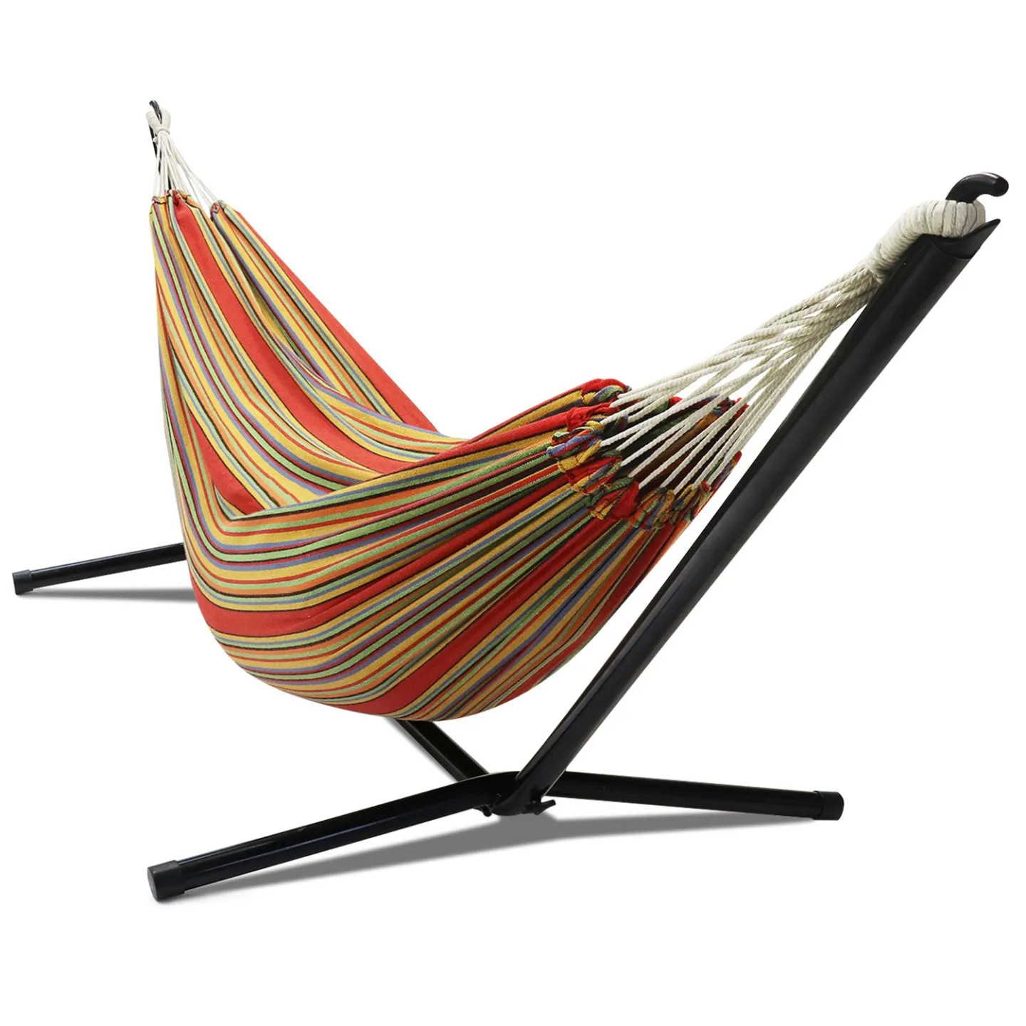 Hamac avec support métal noir pour soulager le dos | Toile ergonomique rayée rouge jaune