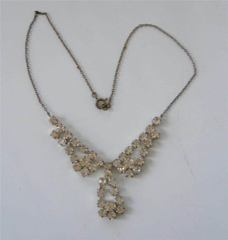 Vintage Czech Clear Rhinestone Fixed Pendant Collar Necklace Silver 16