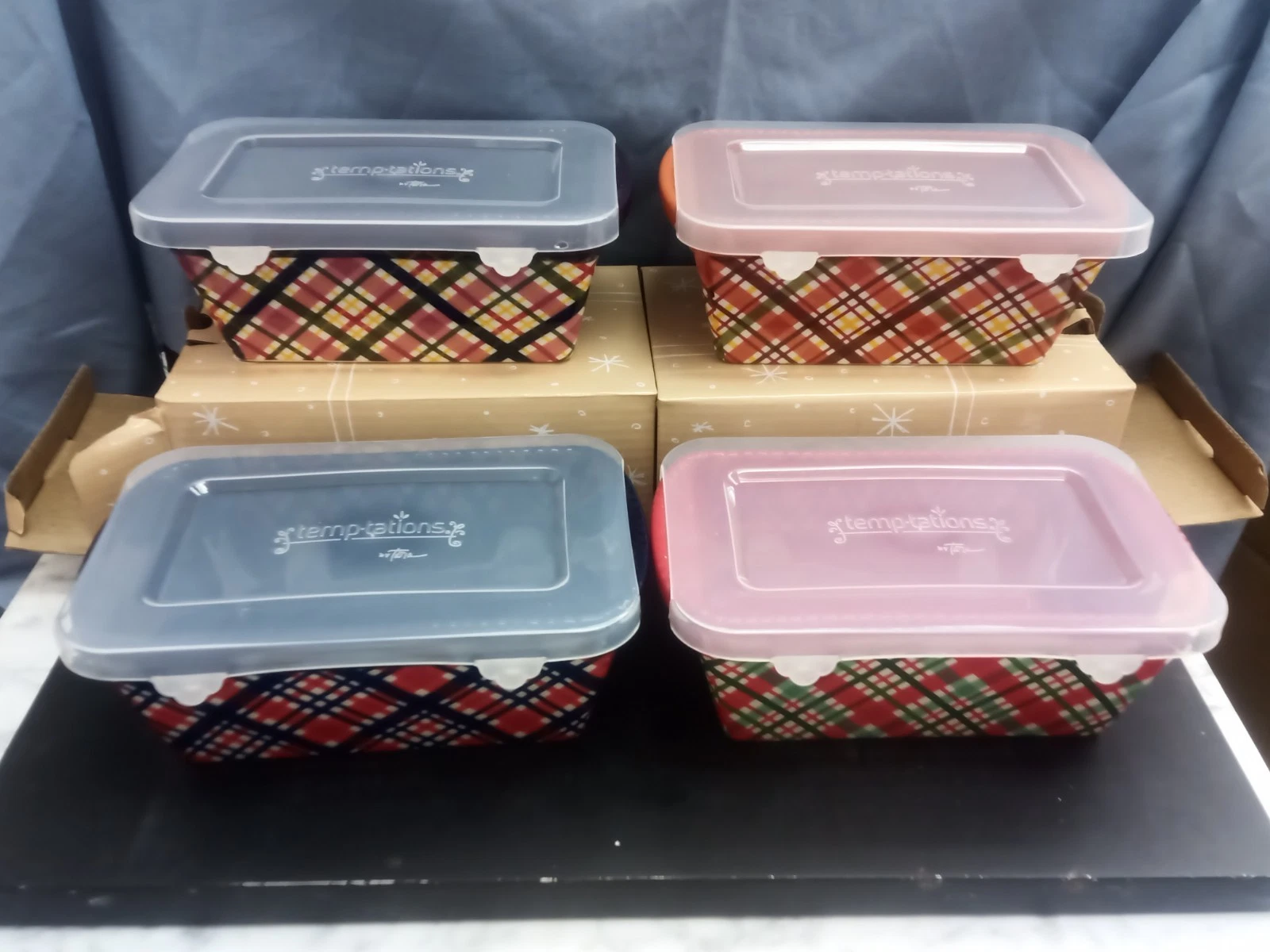 Temptations 12 oz. Mini Loaf Pan with Lids Holiday Plaid Prints Set Of 2