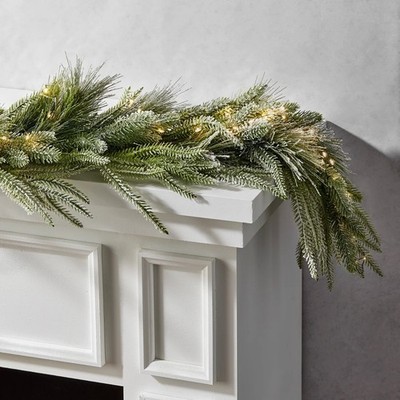 Cypress Snowy 6ft Pine Spruce Garland w/100 Warm White LEDs Battery Oper. Timer