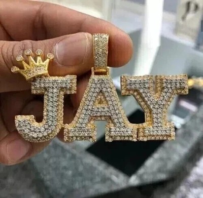 2.50Ct Round Cut Real Moissanite Customized Name Pendant 14K Yellow Gold Plated