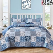 Microfiber Plaid Patchwork Quilt Set Floral Design Soft Cozy Bedding Coverlet US