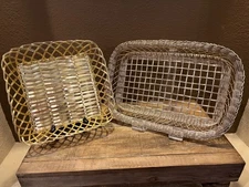 Vintage Metal Gold Tone Baskets Rectangle & Square Bread Woven Wire Baskets (2) 