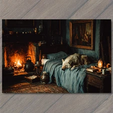 POSTCARD Cozy Cabin Fireplace Wolf Resting Bed Warm Candlelight Rustic Winter De