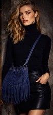 Borse In Pelle Navy Blue Suede Bucket Fringe Shoulder Bag