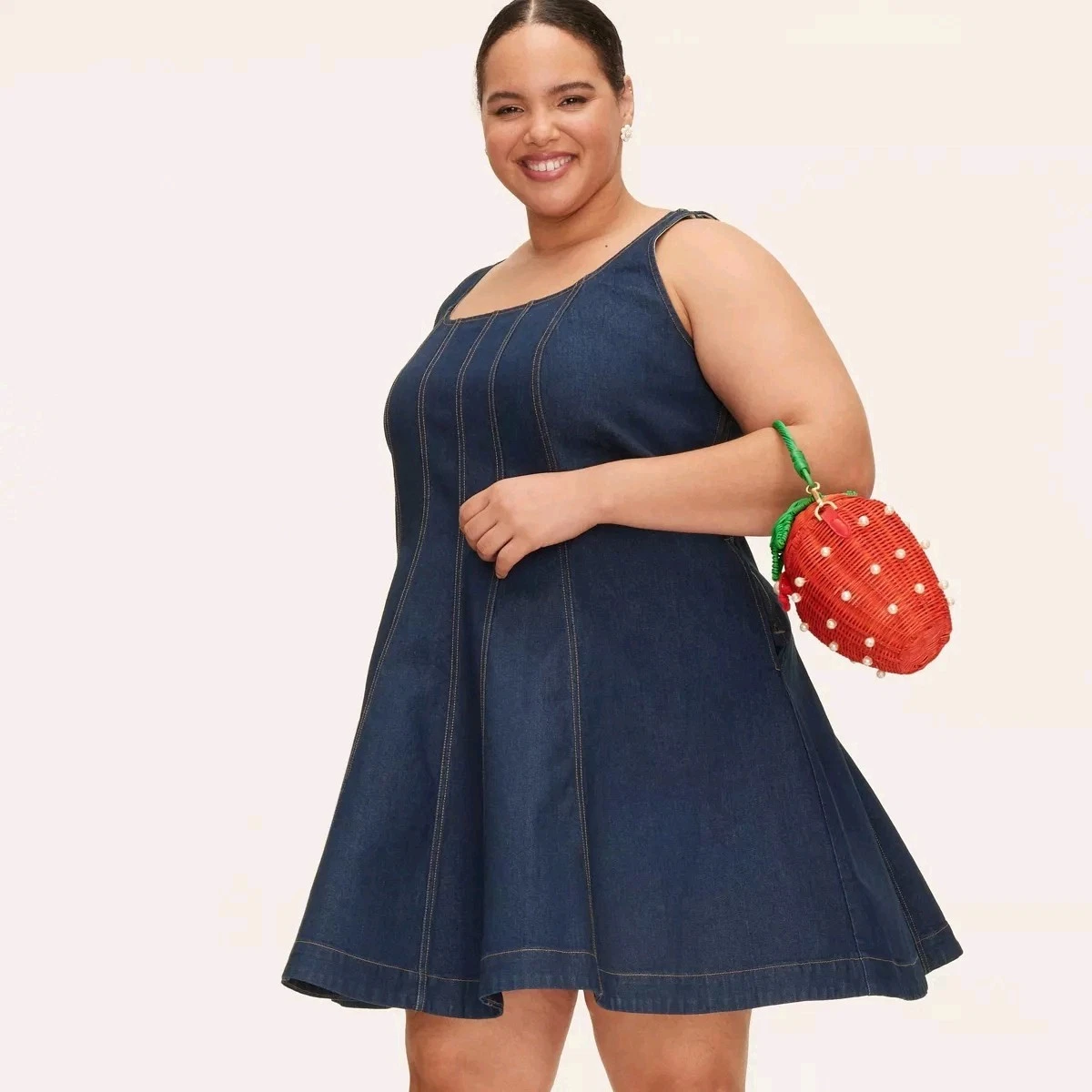 Mini abito Kate Spade New York con cuciture in denim blu scuro donna taglia 26 nuovo