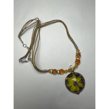 Murano Style Glass Flower Pendant Necklace Beaded Adjustable Cord Statement