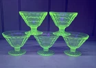 Vintage Block Optic Low Sherbet Footed Green Uranium Depression Glass Set of 5