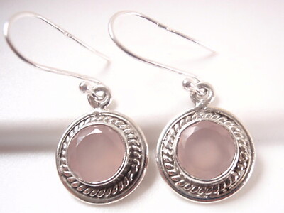 Facettierte Rosenquarz runde 925 Sterling Silber Ohrringe mit Seil Stil Highlights
