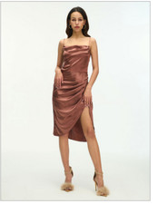Cider Solid Satin Sleeveless Cowl Neck Wrap Skirt Midi Dress Brown Size S
