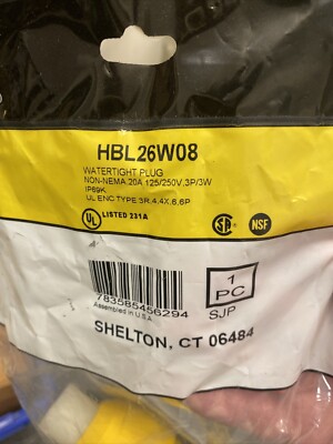 Hubbell Hbl26W08 20A Watertight Locking Plug 3P 3W 125/250Vac Brand New