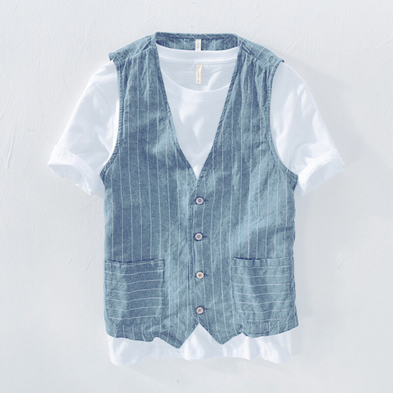 New Men's Casual Cotton Linen Stripe Vest Jackets Pocket Gilet