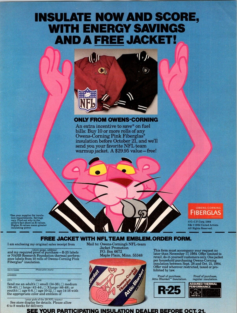 1984 VINTAGE 2PG PRINT Ad FOR OWENS CORNING INSULATION PINK PANTHER NFL FOOTBALL