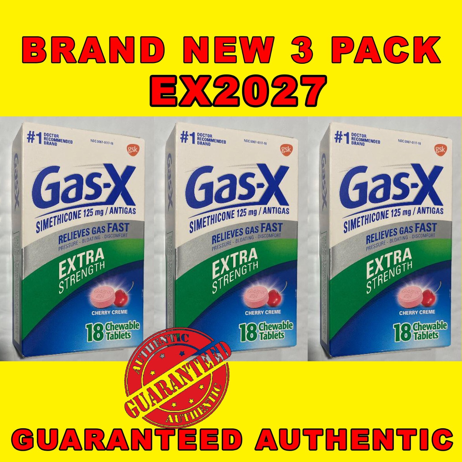 Gas-X Extra Strength Chewable Gas Relief Tablets 125 mg, Cherry 18Ct 3PK EX2027