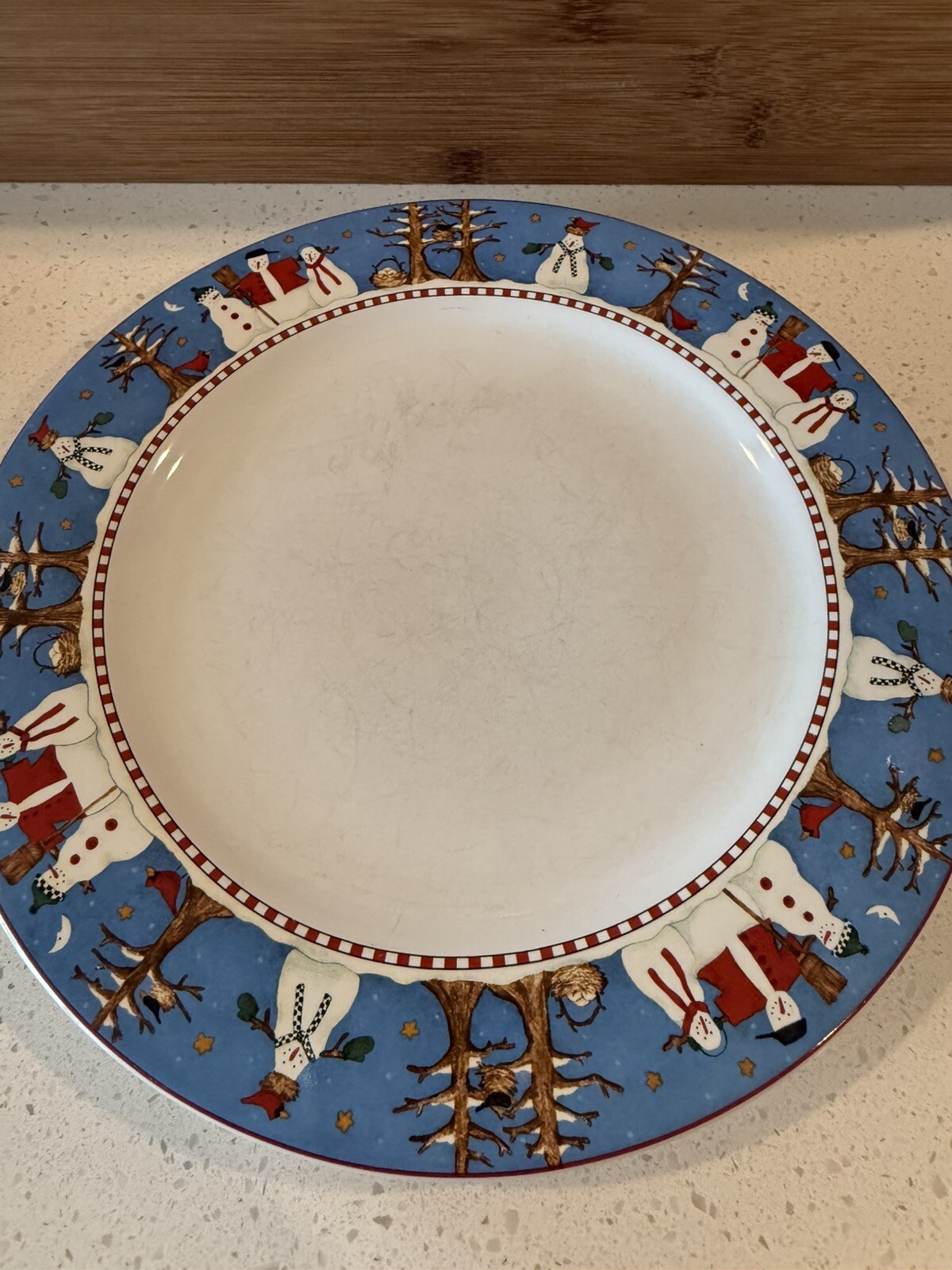 Sakura 10.75” Dinner Plates Debbie Mumm Snowman 1998 Set of 4 Christmas Winter