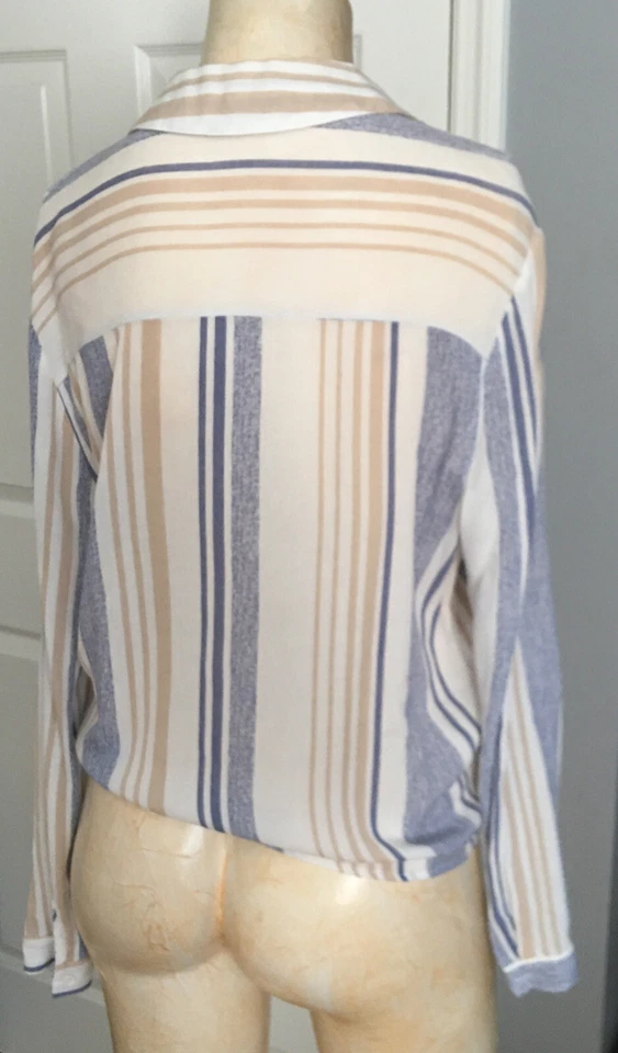 Paper Crane Women's Size S Striped Shirt Blue Badge Roll Tab Sleeve Tie Up - Image 4 of 4