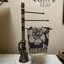 Vintage Swing Arm Vanity Towel Holder Brass Cherub On Fish Marble Base Regency