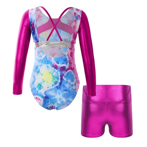 Kids Girls Dance Set Stylish Sports Suit Printed Leotard With Shorts Shiny - Picture 81 of 82