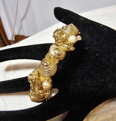 Vtg Godltone Bangle Bracelet Snail Shell w/ Faux Pearl Solid - Read