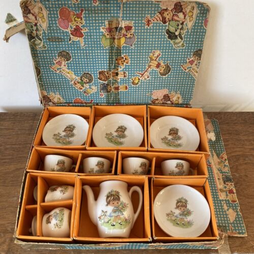 Vintage Child’s Doll’s China Tea Set Girl & Cat Print Original Box - Picture 1 of 11