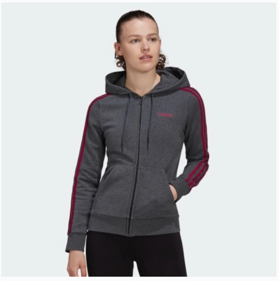 New Women s Adidas 3 Stripes Fleece Zip Up Hoodie Gray Maroon XS