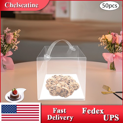 50 Pcs Clear Cake Boxes Plastic Cake Carrier with Lid and Handle 15*15*15cm New