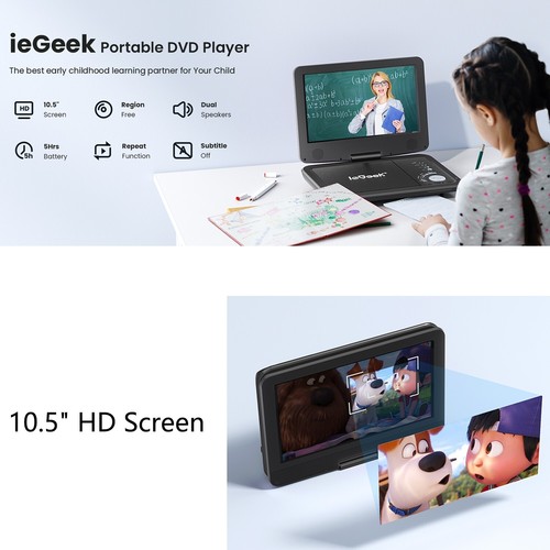 ieGeek 12.5"Portable DVD Player with HD Swivel Screen,Region Free,Remote Control - Picture 9 of 14