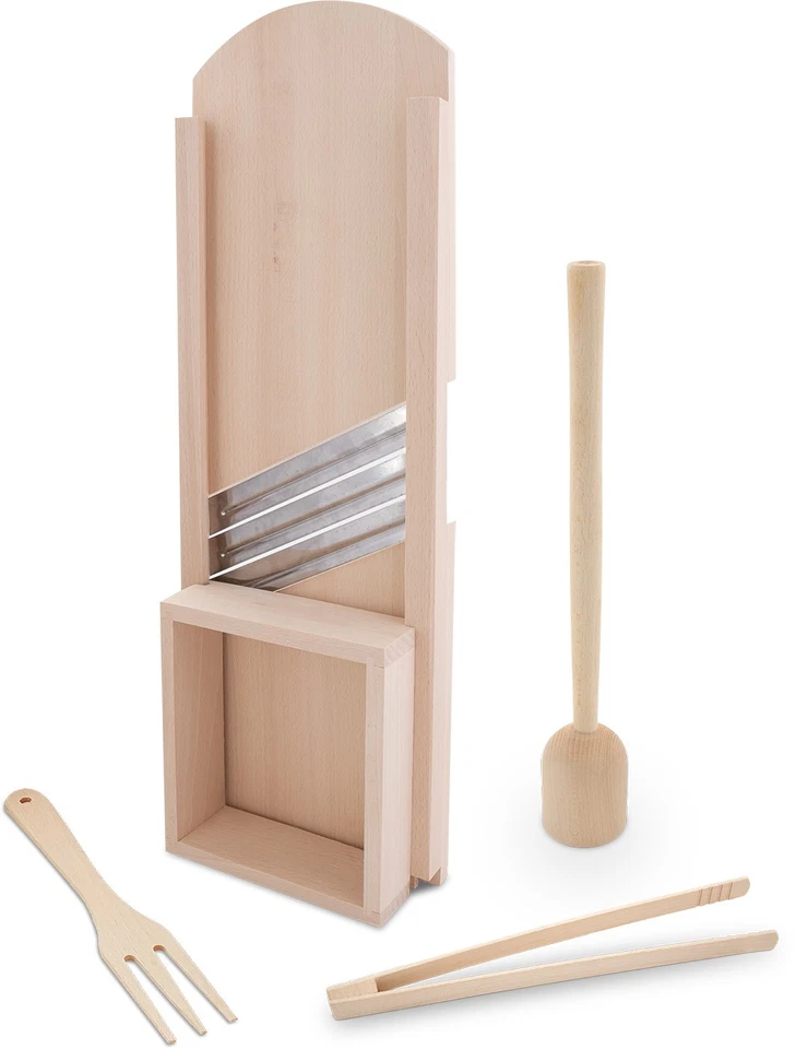 KERAZO Holz Set 4-teilig Krauthobel Gemüsehobel 60cm,Stampfer,Zange,Gabel,Buche