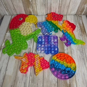 6pc Rainbow Pop It Fidget Toy Set Silicone Sensory Toys Unicorn Dinosaur Parrot