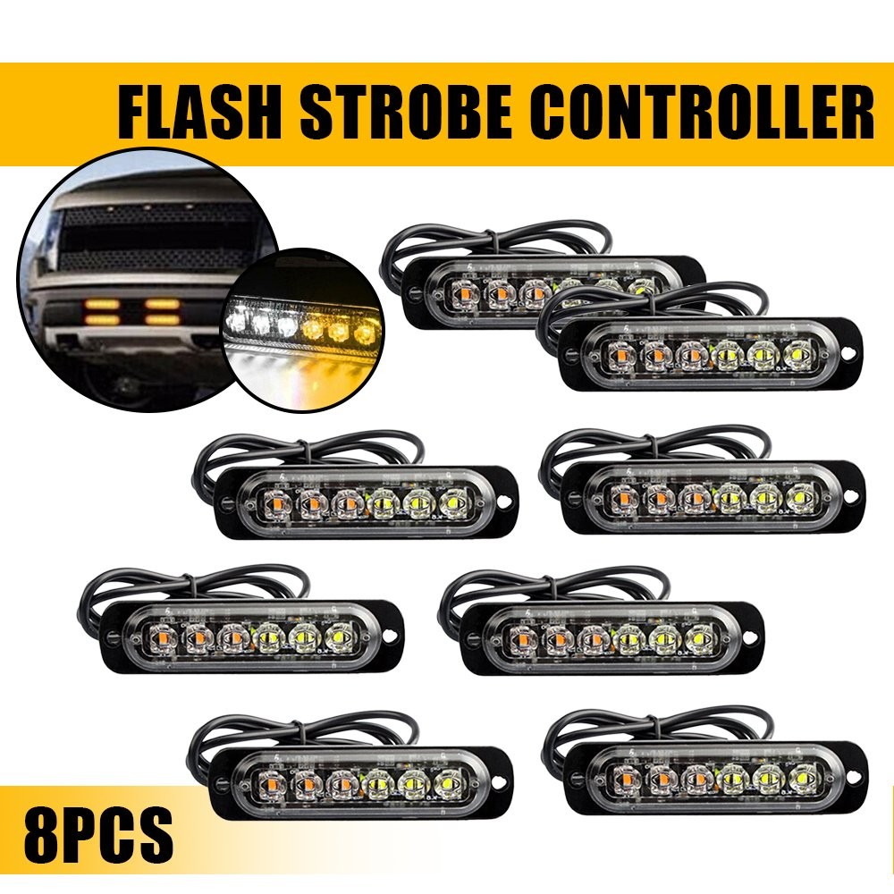 8PC Amber/White Side 6LED Emergency Truck Warn Flash Beacon Hazard Light Strobe