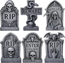 6 Pack Halloween Tombstone Yard Signs RIP Graveyard Decorations with Skull,
