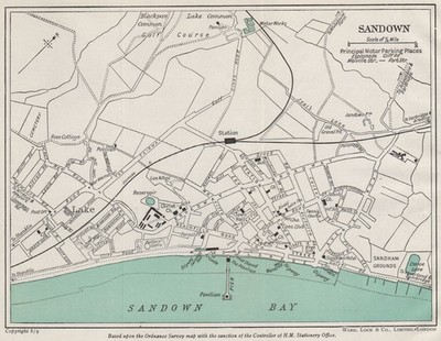 SANDOWN Vintage Stadt/Stadtplan. Isle of Wight. WARD LOCK 1948 alte Vintage Karte